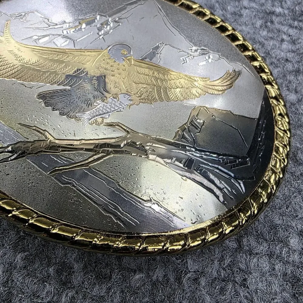 Bald Eagle Mountain Scene Belt Buckle Made in USA Western Gold Trim Wildlife VTG